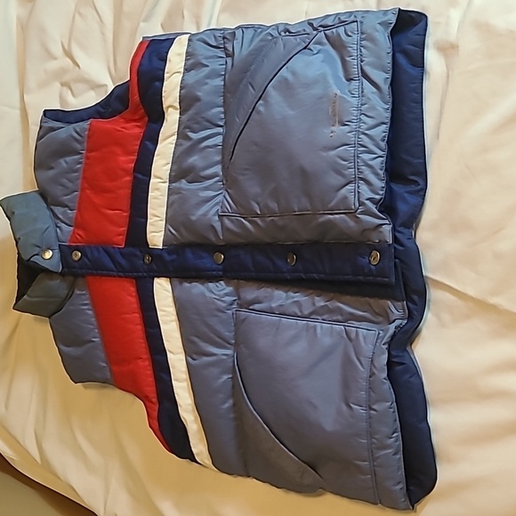 Camel reversible goose down blue vintage Puffer Vest - Picture 1 of 11